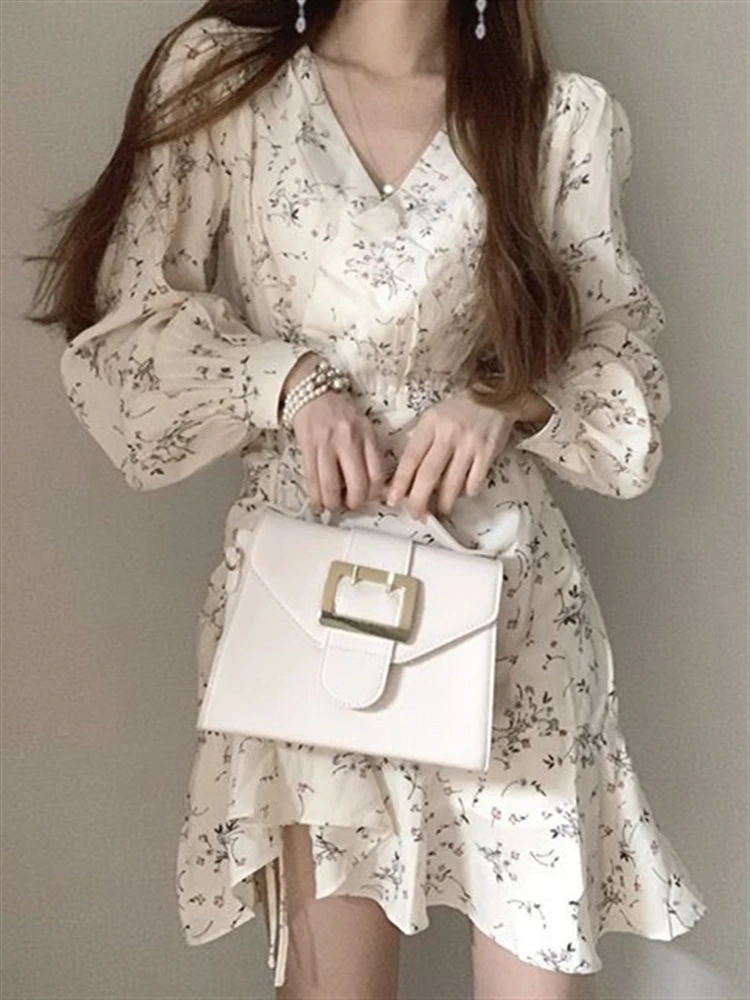 

Женское шифоновое платье с цветочным принтом, дизайнерское мини-платье с V-образным вырезом, весна-осень 2022