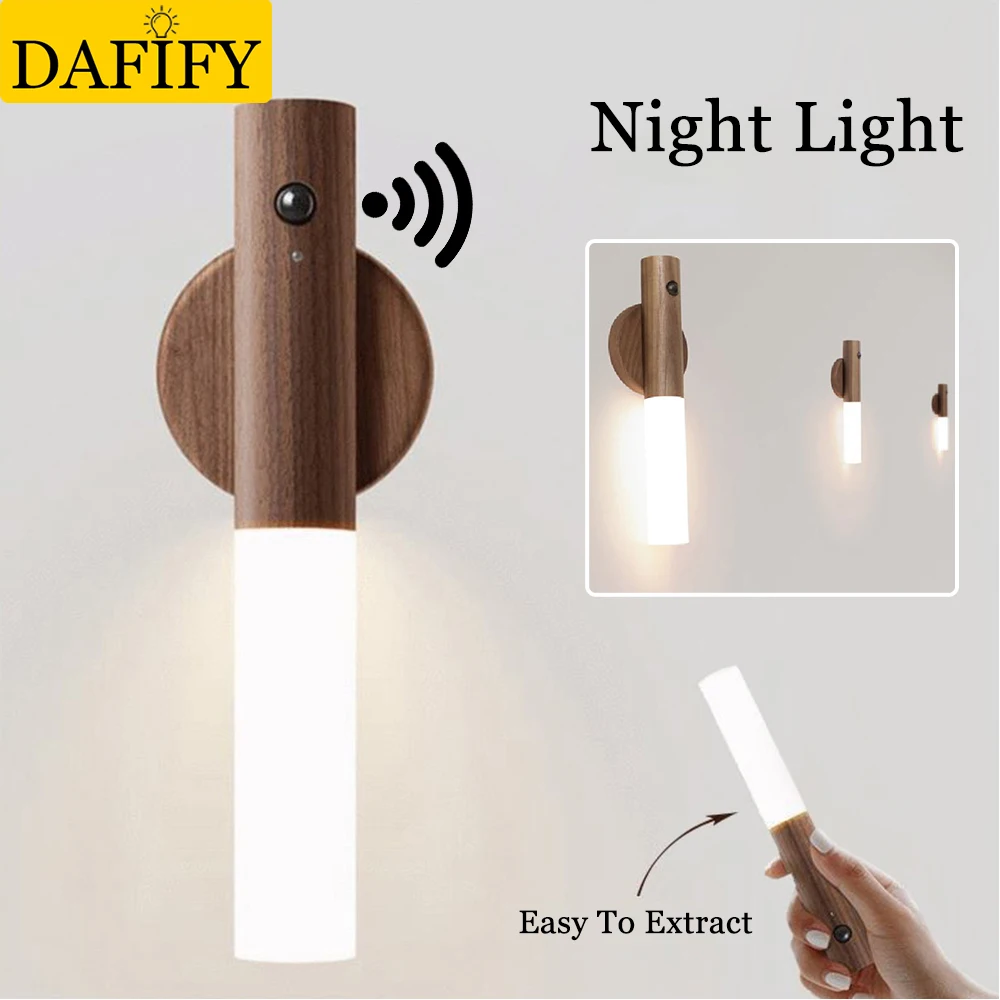 

Dafify LED USB Magnetic Wood Wireless Night Light Corridors Porch Lights PIR Motion Sensor Wall Light Cabinet Lamp