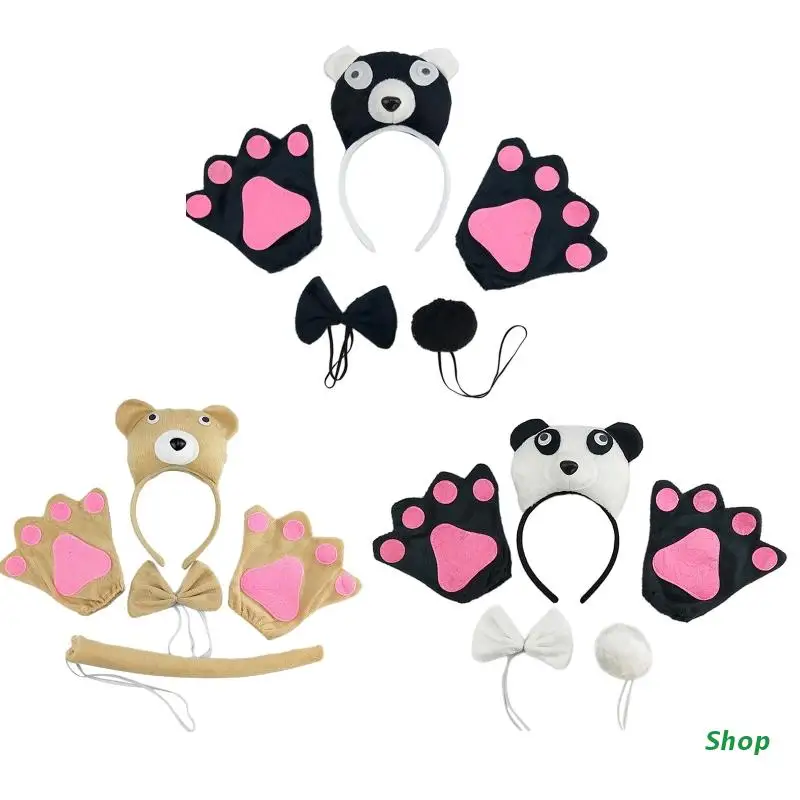 

L5YC Cosplay Stuffed Bear Heads Shape Hairhoop Bowtie and Tail Suit Kids Fancy Costume Novelty Supplies for Halloween Party