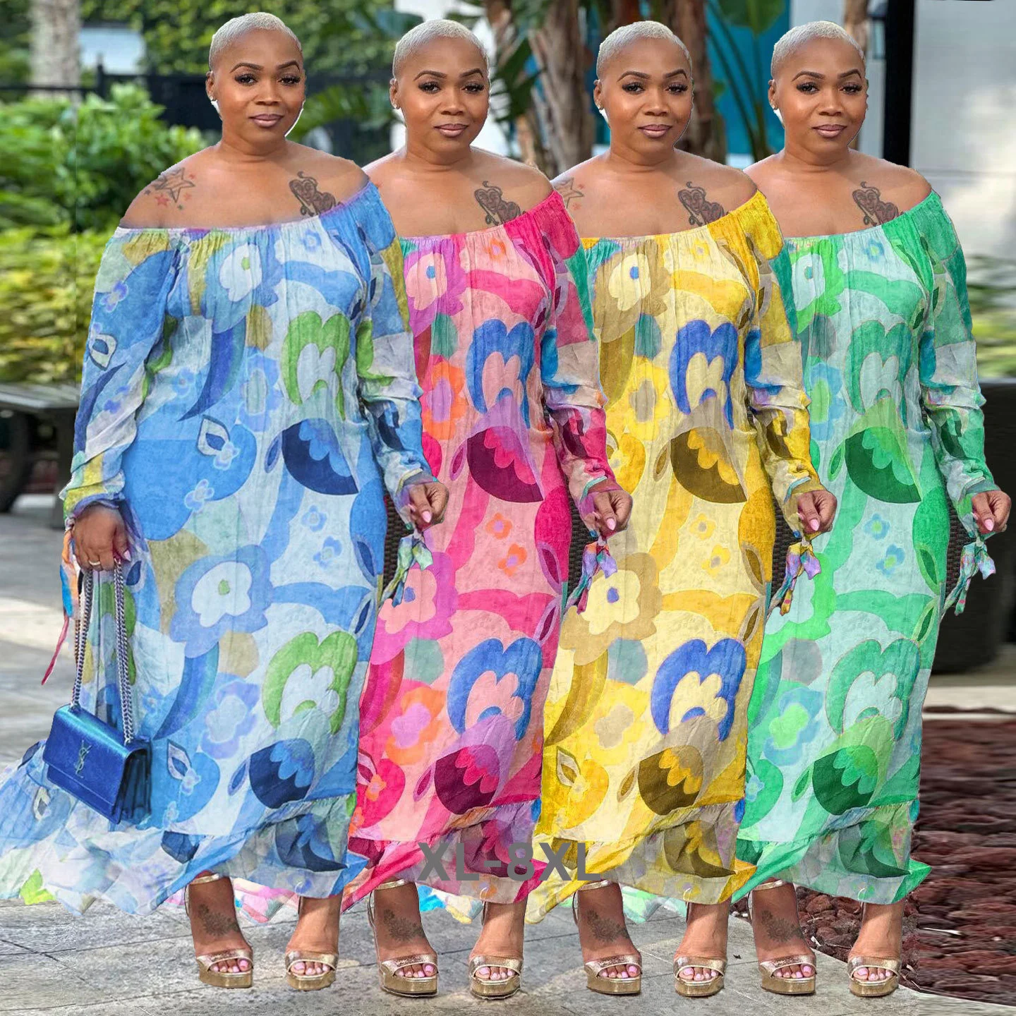 Plus Size Spring Summer Loose Women Casual Dress Big Size 3xl 4xl Slash Neck Long Sleeves Printing Leisure Hol 3xl 4xl 5xl 6xl