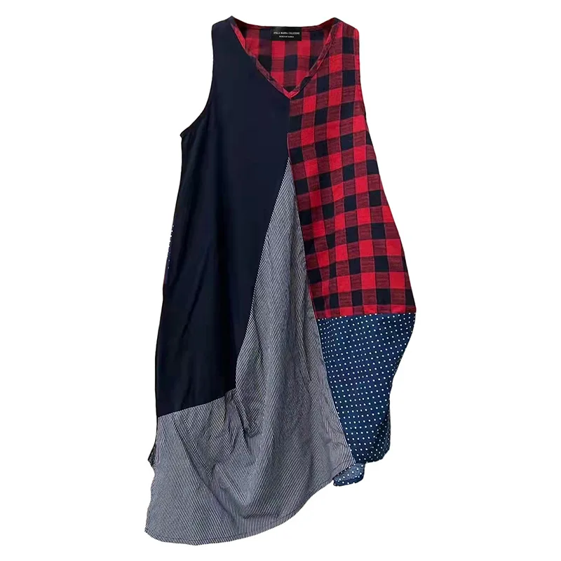 

SuperAen 2022 Summer New Retro Sleeveless Patchwork Slim Vest A-LINE Asymmetrical Casual Dress for Women