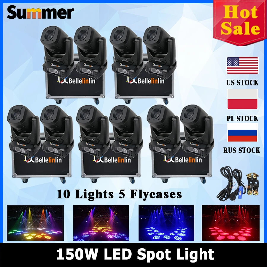 

10pcs Flycase With 150W Led Spot Moving Head Light Professional DJ Stage Party Concert Event Moving Heads Live Shows Party light
