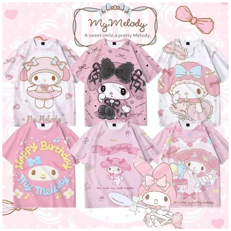 

PINK Kawaii Sanrioed Cartoon Homewear Pajamas My Melody Anime Cute Loose Fitting Clothing T-shirt Round Neck 2023 New Girl