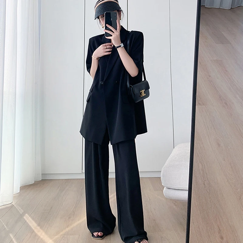 2023 Summer New Blazers Two Piece Suits Women Korean Loose Short Sleeve Blazer Tops High Waist Wide Leg Pants Sets Femme