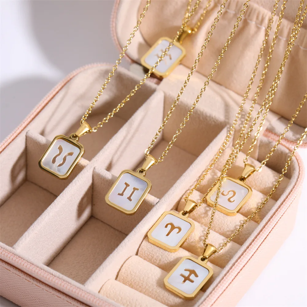 

Dainty Shell 12 Constellation Pendant Necklace for Women Stainless Steel Gold Plated Hollow Shell Necklace Wedding Charm Jewelry