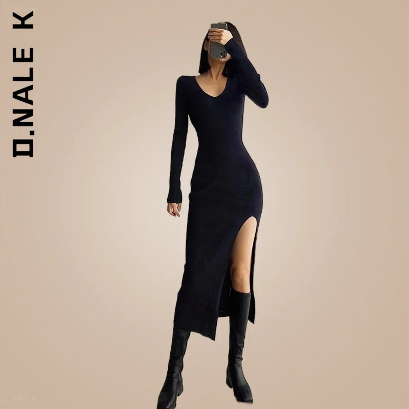 

D.Nale K Long Sleeve Sexy Long Dress Fashion Dress Vintage Robe Soft Outfits Bottoming Simple Slim Vestidos Dress Woman Female