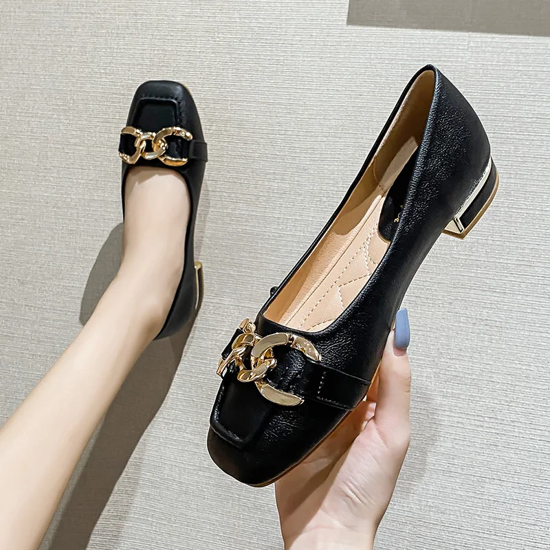 Plus Size 35-43 Women Low Heel Pumps Shoes Metal Buckle Decoration Flats Office Lady Slip on Leaher Loafers Spring Fashion M6-8