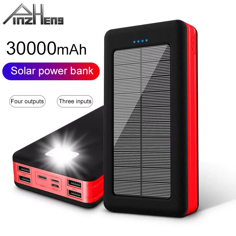

2023New PINZHENG 30000mAh Solar Power Bank For iPhone LED Light Portable Charging External Battery Poverbank 30000mAh USB Powerb