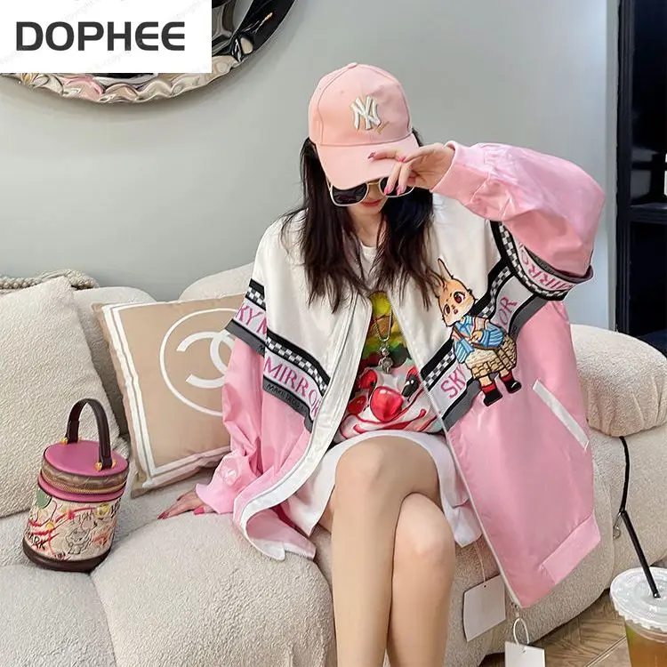 2022 New Autumn Fashion Chic Letters Embroidery Jackets Mid-long Loose Colorblock Pink Oversize Tops Full Sleeve Street Coats