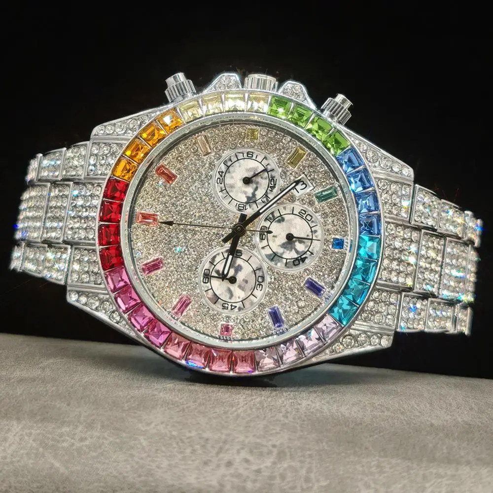 Фото Модные часы со льдом, мужские брендовые часы UNIGUET, роскошные кварцевые наручные часы из нержавеющей стали в стиле хип-хоп с радужными бриллиантами, мужской подарок, дропшиппинг №1