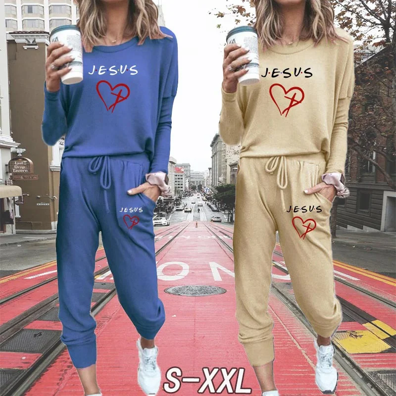 2022 Casual Two-Piece Suits Fashion Love Jesus Printed Outfits Long Sleeve Sweatshirts Pullovers Pants Sportswear for Women