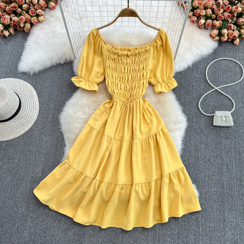

French slim Summer square collar midi Dress Women Vintage puff sleeve elastic Robe Ete vestido de festa beach a-line Vestidos