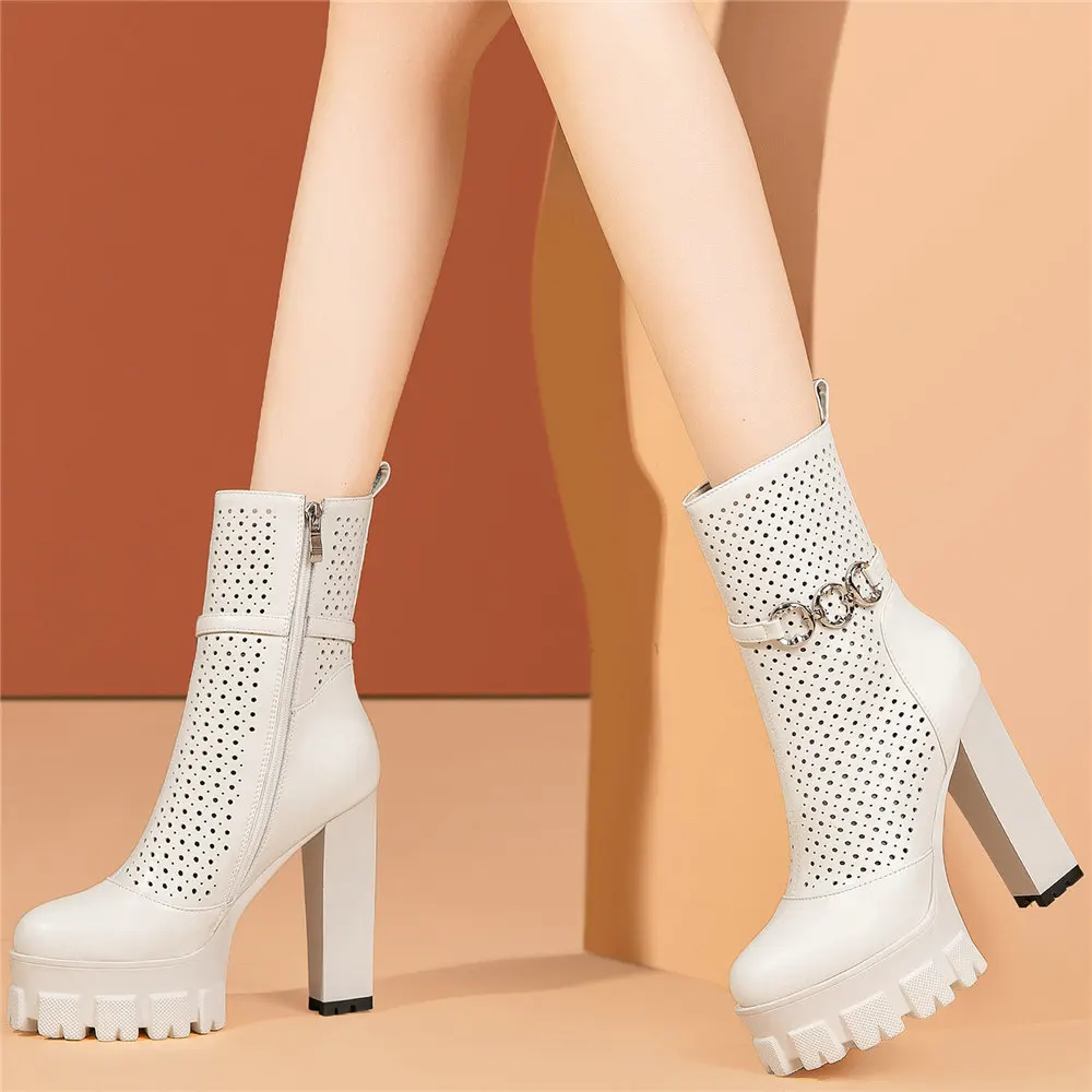 2023 Platform Pumps Shoes Women Hollow Genuine Leather Ankle Boots Female Round Toe High Heel Gladiator Sandals Casual Shoes