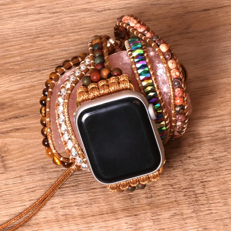 Bohemian Watch Band Women Tiger Stone Bead Woven Watch Band Bracelet Strap for Apple Watch Retro Jewelry Multi Wrap BraceletGift