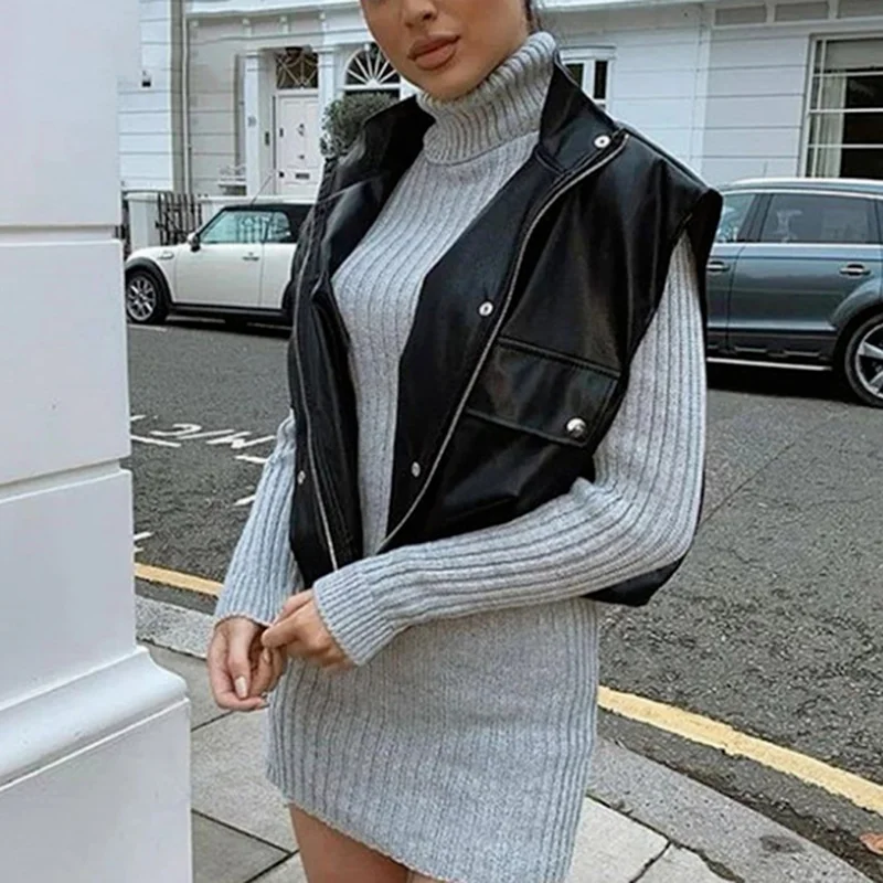 Sleeveless 2021 PU Leather Jacket Vest Women Black Zipper Autumn Winter Khaki Pocket Short Loose Waistcoat Leather Casual Coat