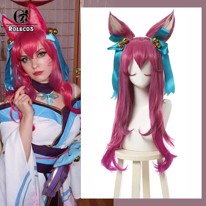 Фото ROLECOS Game LOL Spirit Blossom Ahri Косплей Парики Ahri 75 см Женские длинные волнистые смешанные розовые парики Cos Термостойкие синтетические волосы №1