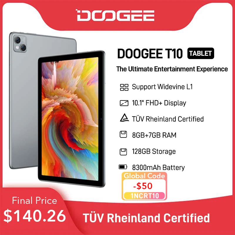 DOOGEE T10 Tablet 10.1'' FHD+ TÜV Rheinland Certified Display 8GB+128GB Octa Core Widevine L1 Android 12 Pad 13MP Camera 8300mAh