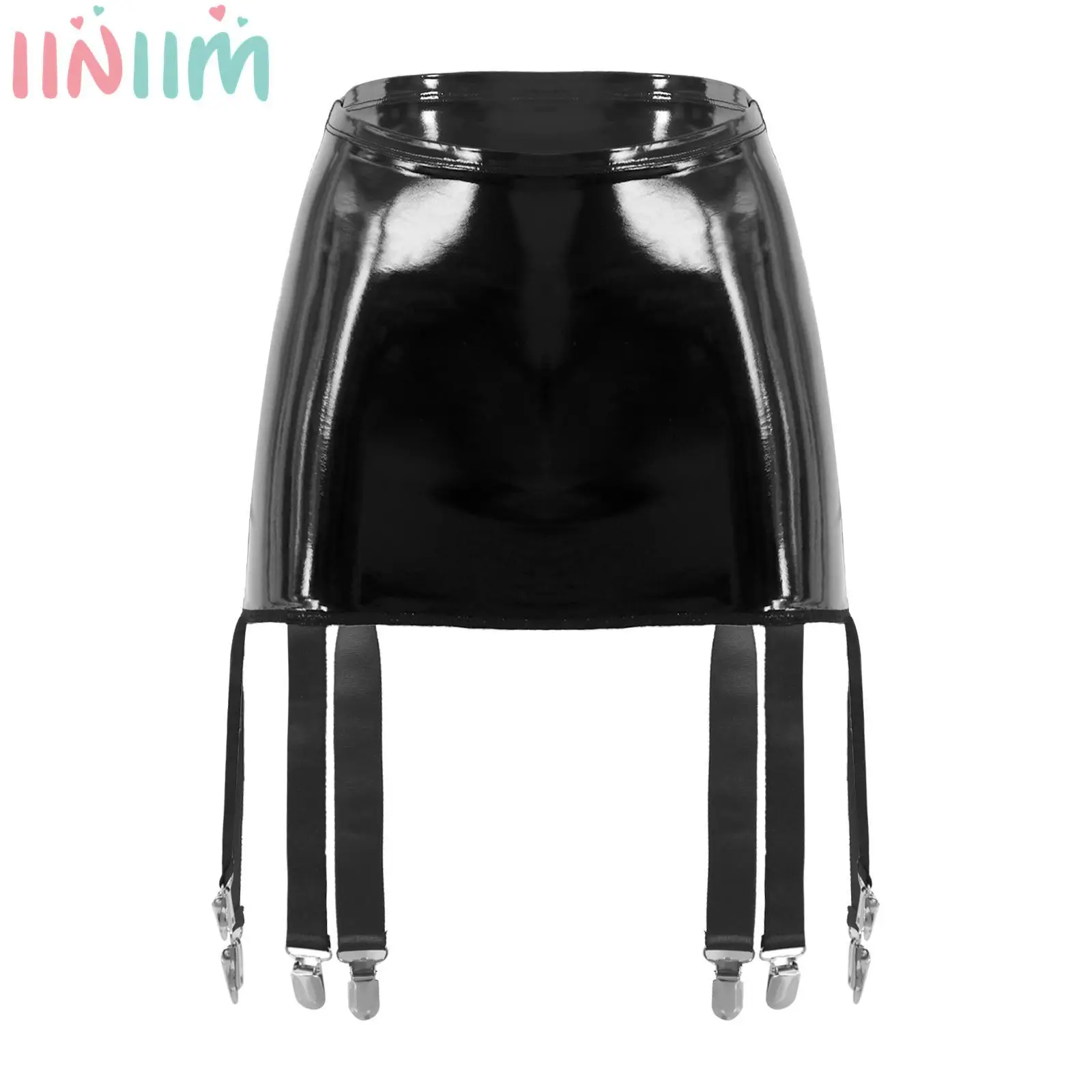 

Womens Wet Look Lingerie Pencil Mini Skirts Patent Leather Sexy High Waist Miniskirts with Garter Belt for Party Rave Pole Dance