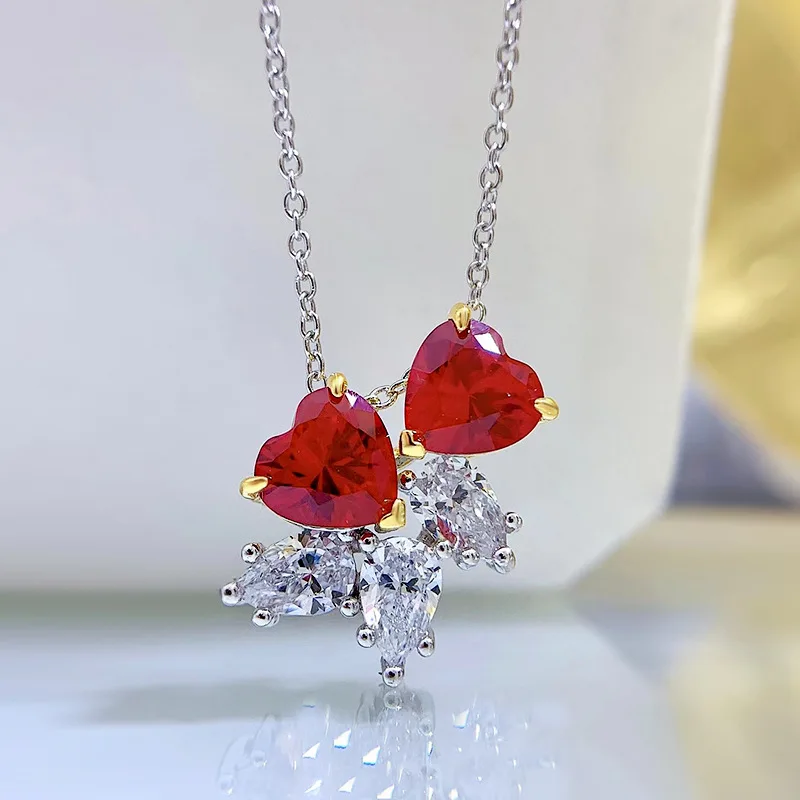 

2023 New 925 Silver Red Corundum Pigeon Blood Red Ruby Necklace Sweet Heart Shaped Pendant Girl