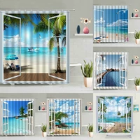 beach sea scenery shower curtain ocean tropical hawaiia palm tree leaf wooden bridge white wood window fabric bathroom curtains