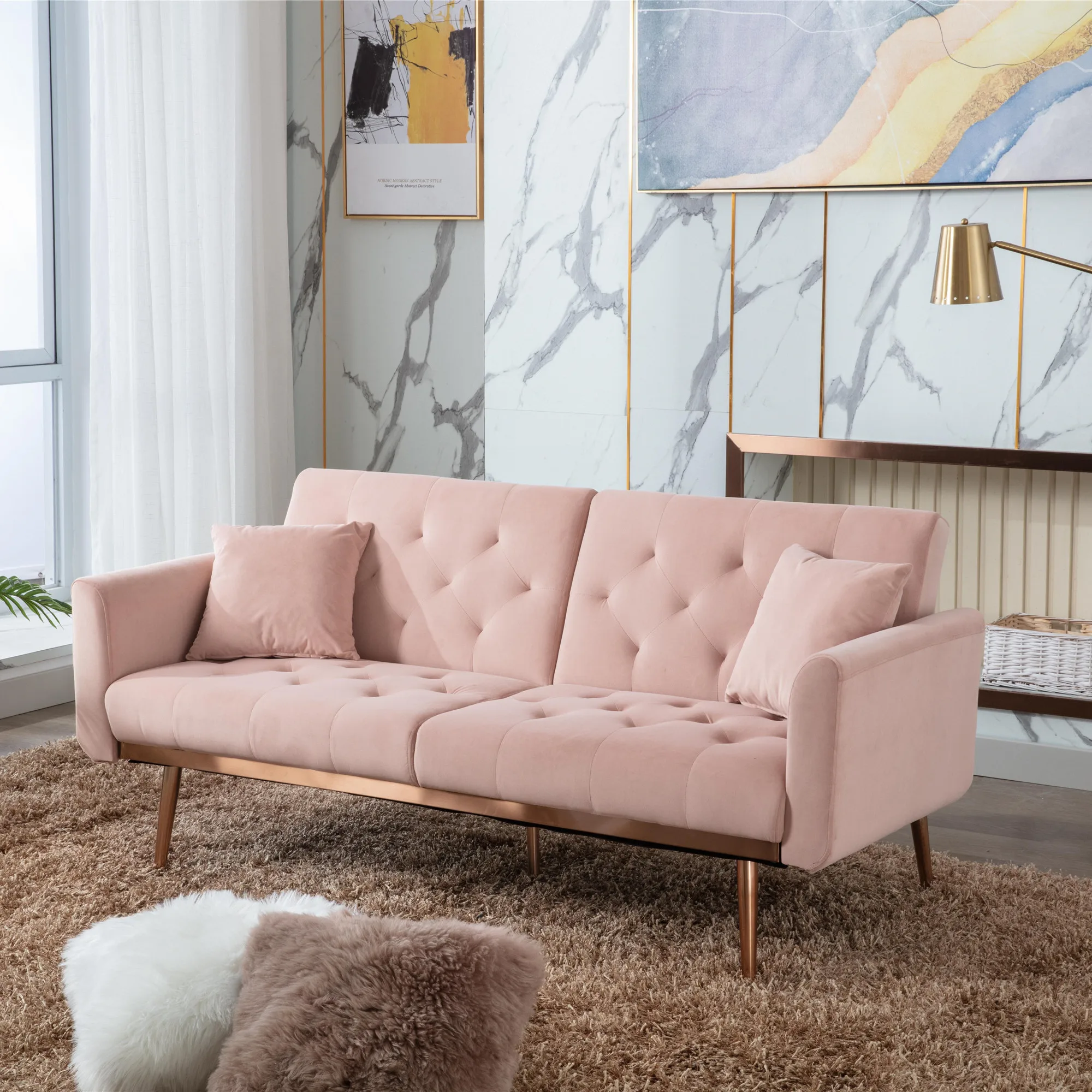 Sofá de tela de terciopelo moderno de mediados de siglo, Convertible, futón, cama, reclinable, Loveseat, con pies de Metal dorados