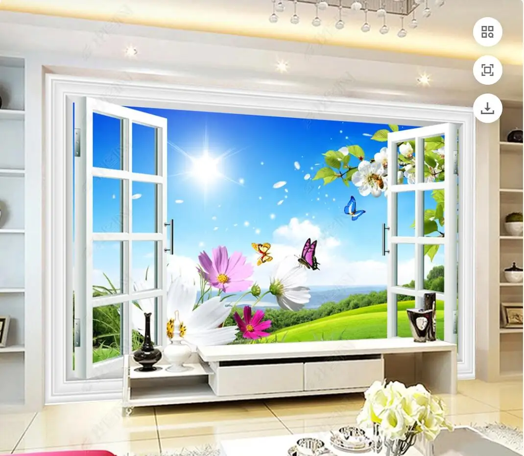 

3d фото обои на заказ настенные окна голубое небо Луг бабочка пейзаж гостиная домашний декор обои для стен 3 d