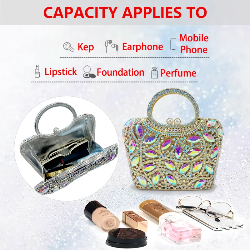 Роскошный золотисто-серебристый клатч со стразами и бриллиантами вечерняя сумка