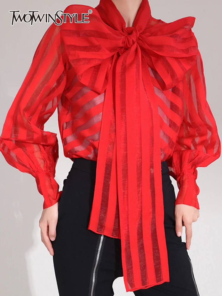 

TWOTWINSTYLE Striped Sheer Shirt For Women Bow Collar Lantern Sleeve Loose Blouses Female Spring Clothing Style New 2022 Fashion