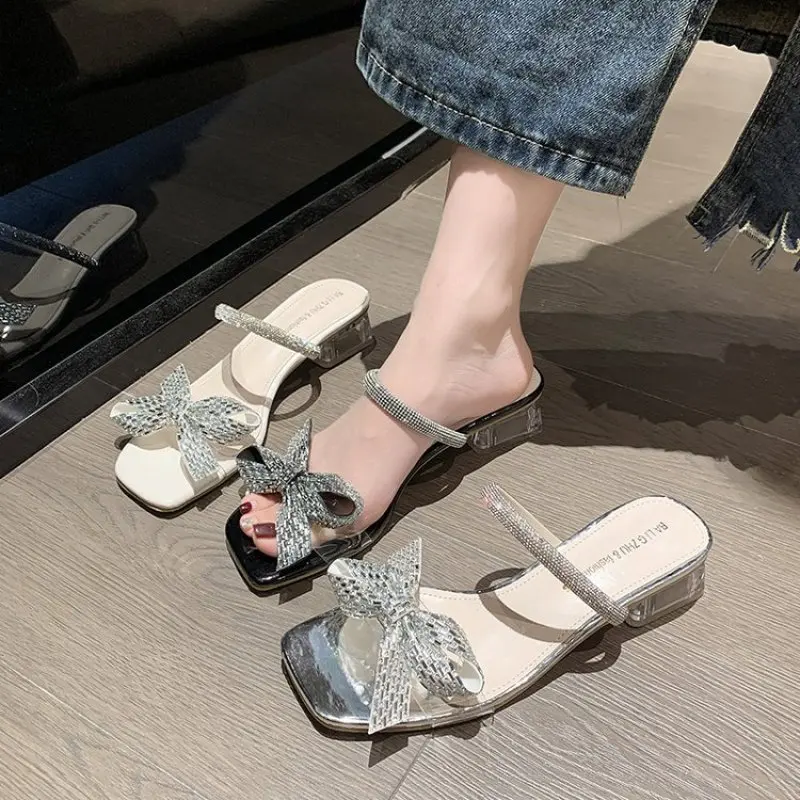 

Rhinestone Bow Women's Slippers 2023 New Summer Thick Heel Fashion Party Banquet Open Toe Large Size Women's High Heel Sandals