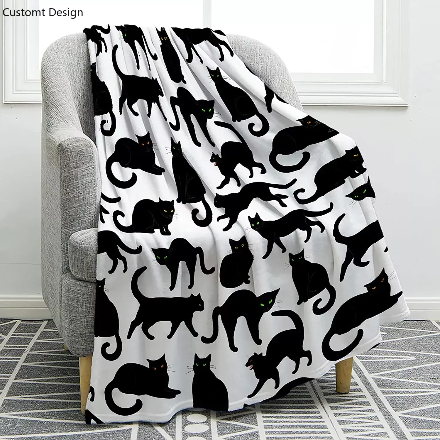 

Одеяло с принтом черного кота, Фланелевое покрывало с милыми мультяшными кошками, детский легкий ковер для дивана, стула, кровати, офиса, путешествий, кемпинга