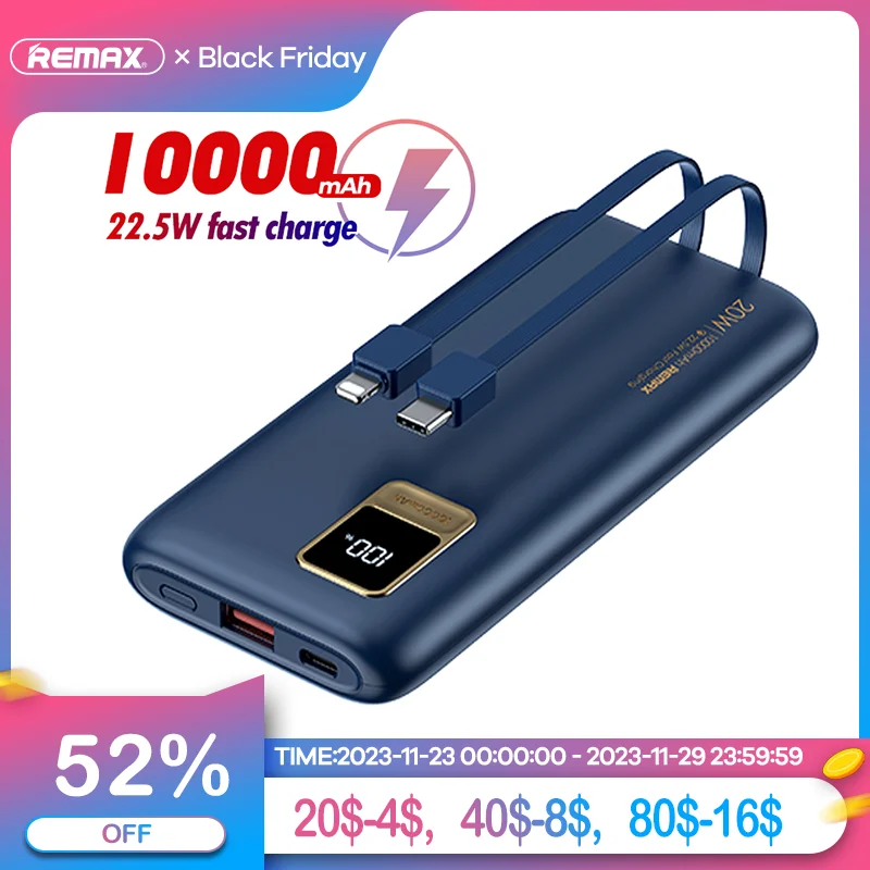 

Remax 22.5W Power Bank 10000mAh PD 20W QC Fast Charging Built in 2Cable Powerbank External Battery Pack For Huawei Iphone Xiaomi