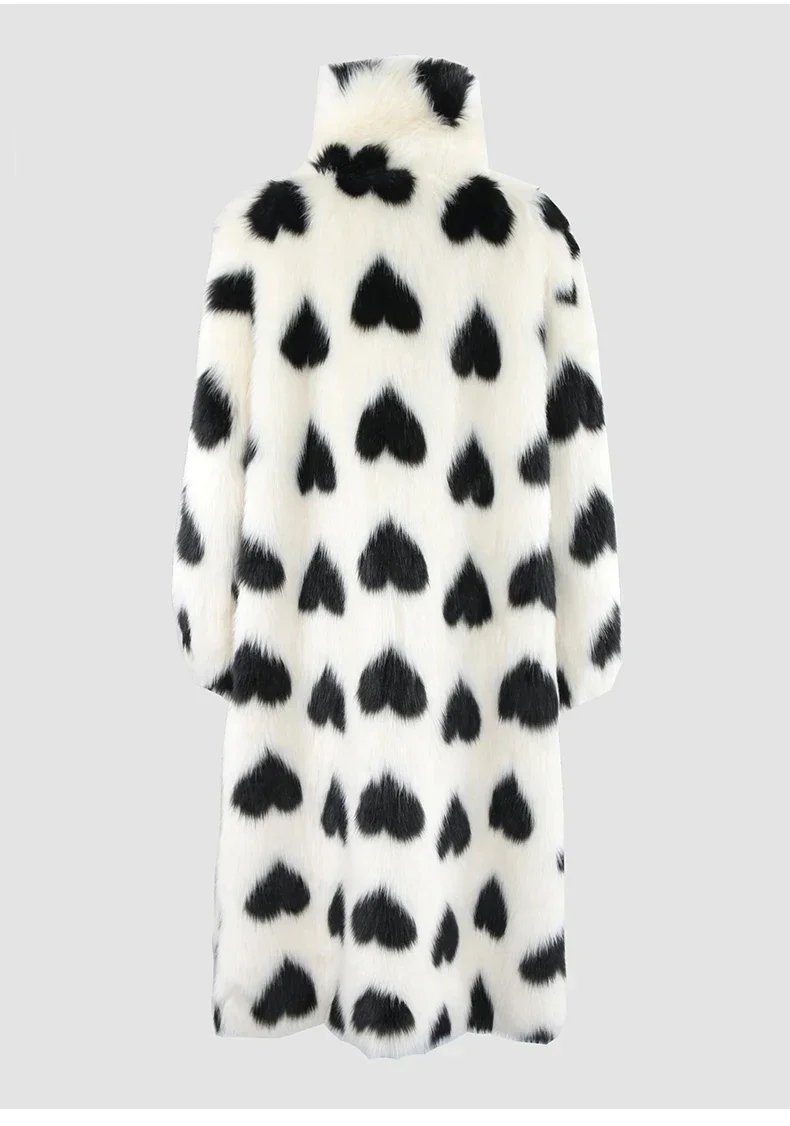 Love Pattern Imitation Fur Coating Temperament Lady 2024 New Lapel Loose Fluffy Plush Long Winter Jacket Women