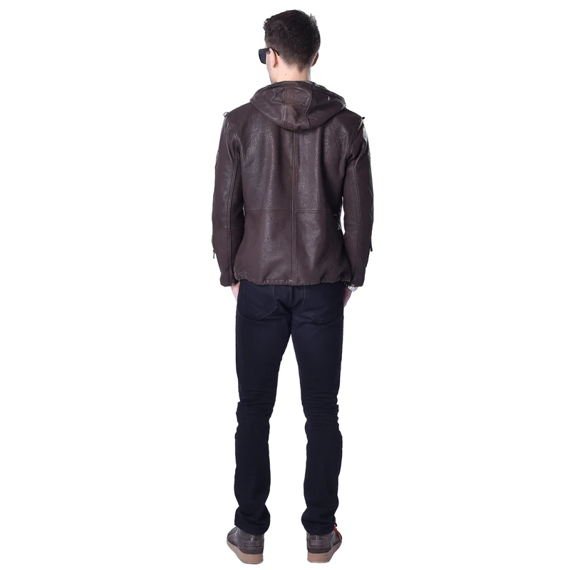 Мужская кожаная куртка с капюшоном Повседневная приталенная из натуральной