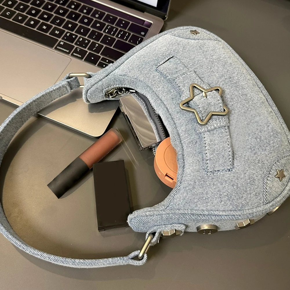 2023 Vintage Denim Star Underarm Bag Handbag INS Armpit Purse Denim PU Single Shoulder Bag Handbags For Women Casual Versatile