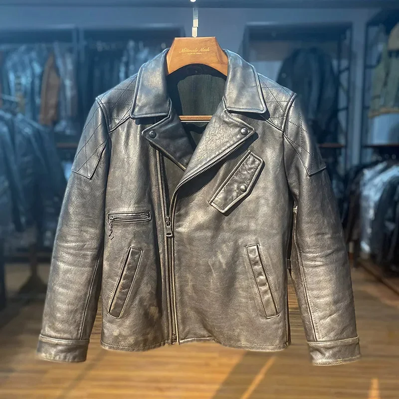 

YR!Free shipping.Italy tea core full grain calfskin jacket.Vintage style Men motor Rider real leather coat,Janan Biker slim fit