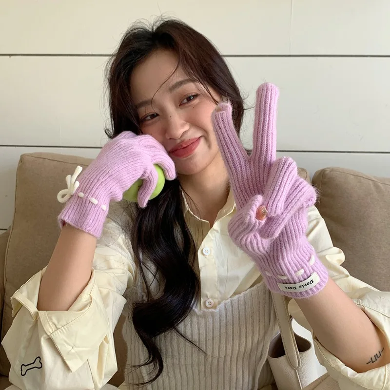 Женские перчатки с милым бантом свежие и красивые включая шерстяные полностью