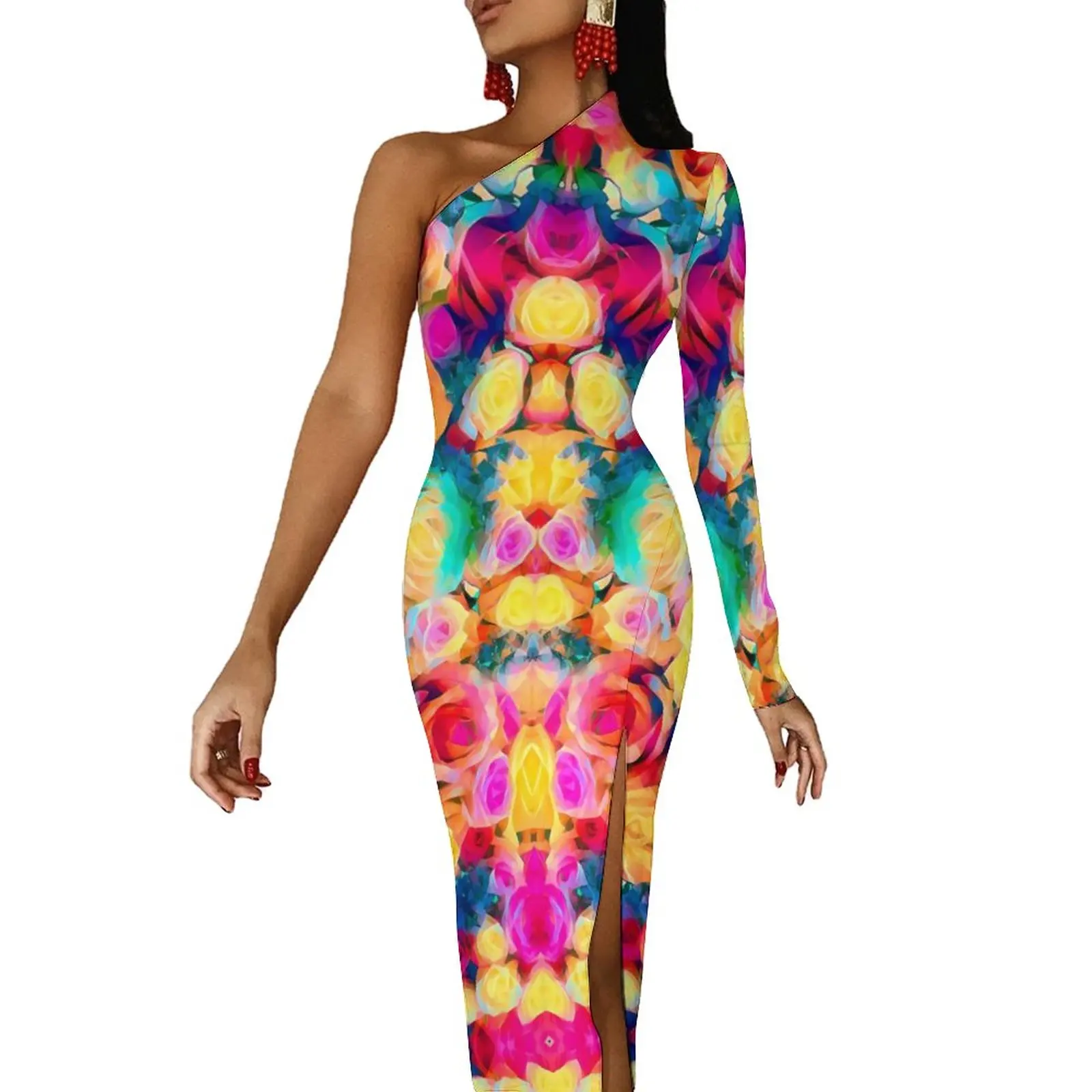 

Colorful Rose Maxi Dress Long Sleeve Bouquet Print Elegant Bodycon Dress Autumn Street Style Long Dresses Woman Graphic Vestidos