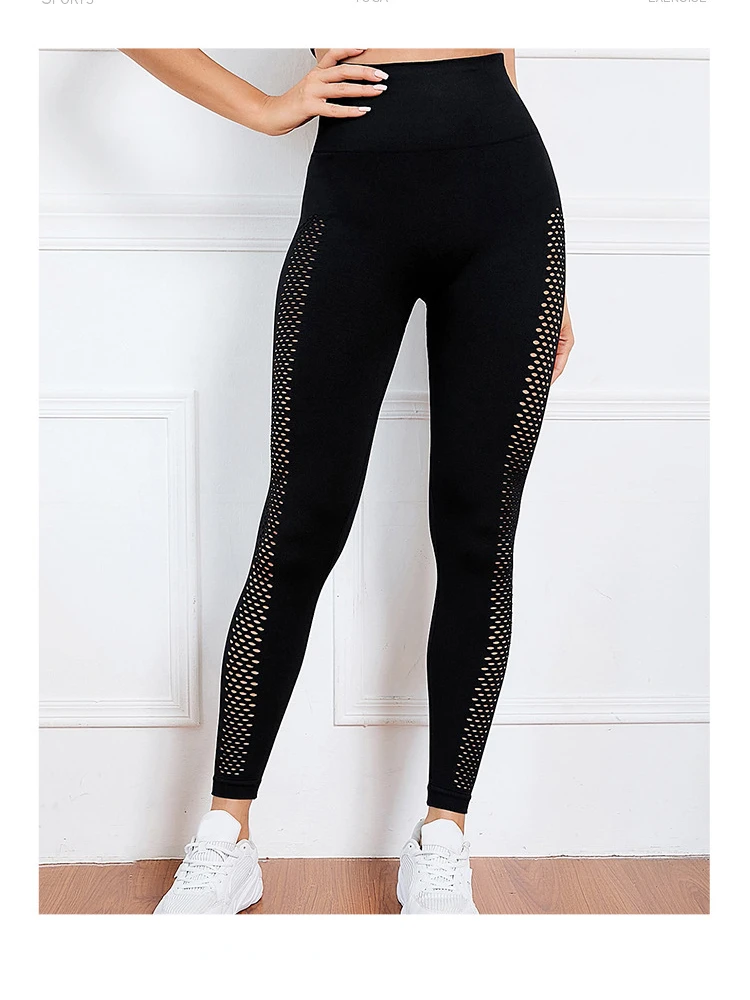 Fashion Hollow Sports Pants High Waist Elastic Slim Fit Peach Hip Yoga Pants Black Hip Lifting Sports Fitness Women Leggings