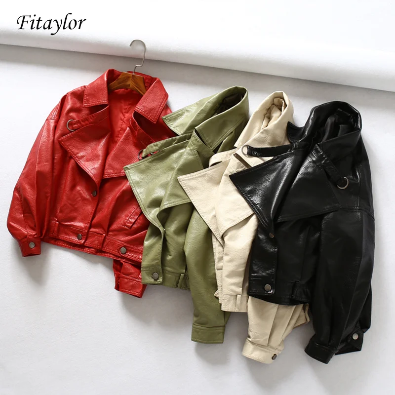 

Women Faux Leather Jacket Batwing Sleeve Vintage Biker Coat Short Zipper Motor PU Red Jacket Spring Street Leather Coat