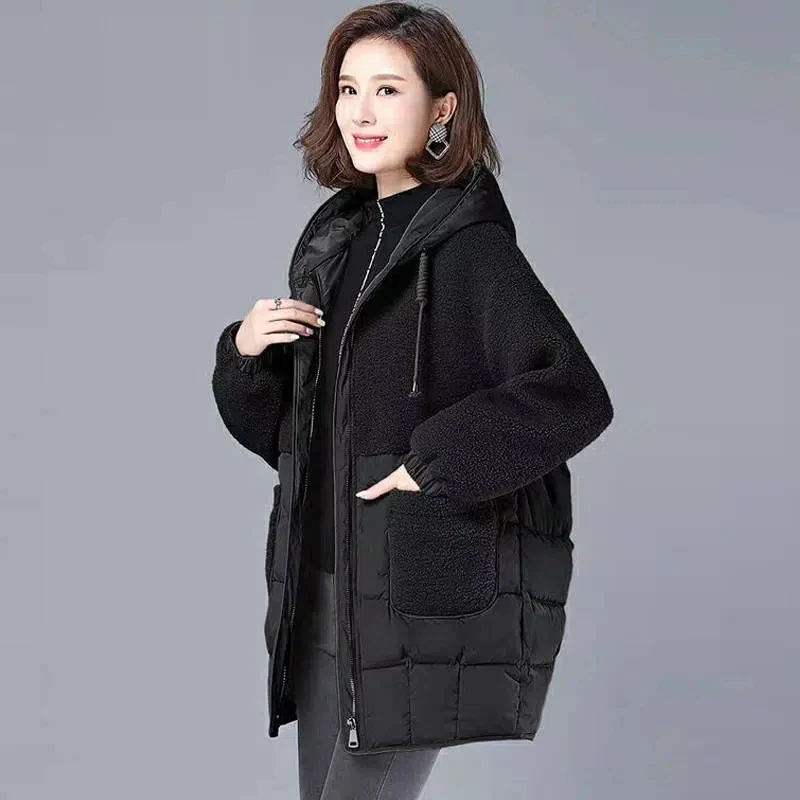Down Cotton Jacket Women 2022 Winter New Korean Fashion Loose Casual Padded Coat Large Size Hooded Imitation Lamb Wool Outerwear