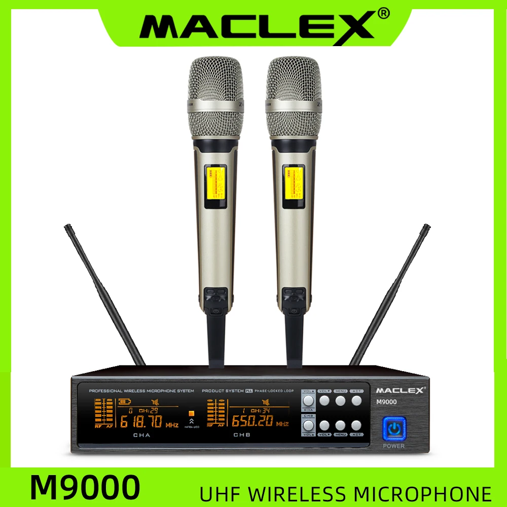 

2023 Maclex Karaoke Stage Performance Home KTV SKM9000 M9000 UHF Professional Wireless Dual Microphone System 2 Channel 2