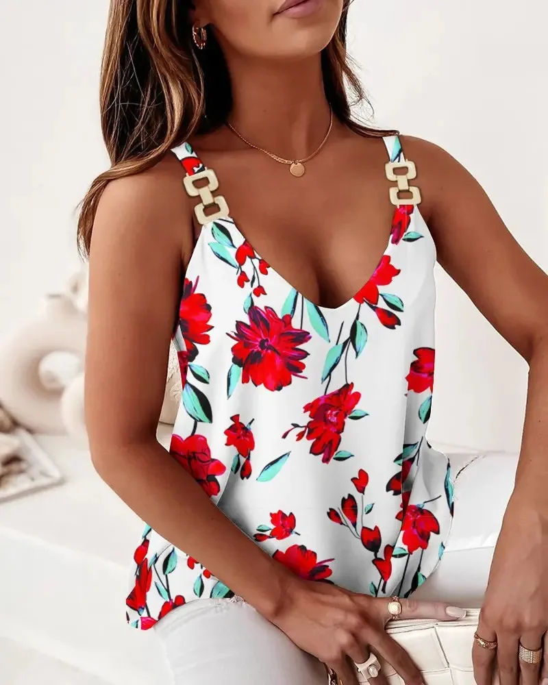 

2022 Sexy V-Neck Tank Top Women Chain Print Camis Tank Top Femme Fashion Top