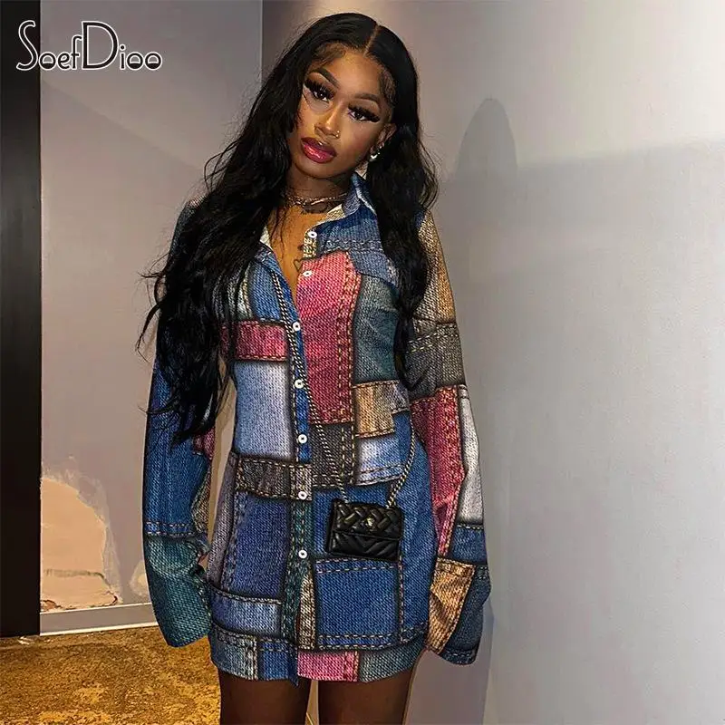 

Женское клетчатое платье-рубашка Soefdioo, повседневное однобортное мини-платье с длинным рукавом, отложным воротником, осень 2023