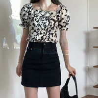 2022 summer new fashion printing folds sexy crop top women y2k casual puff sleeve chiffon slim square collar shirt for female