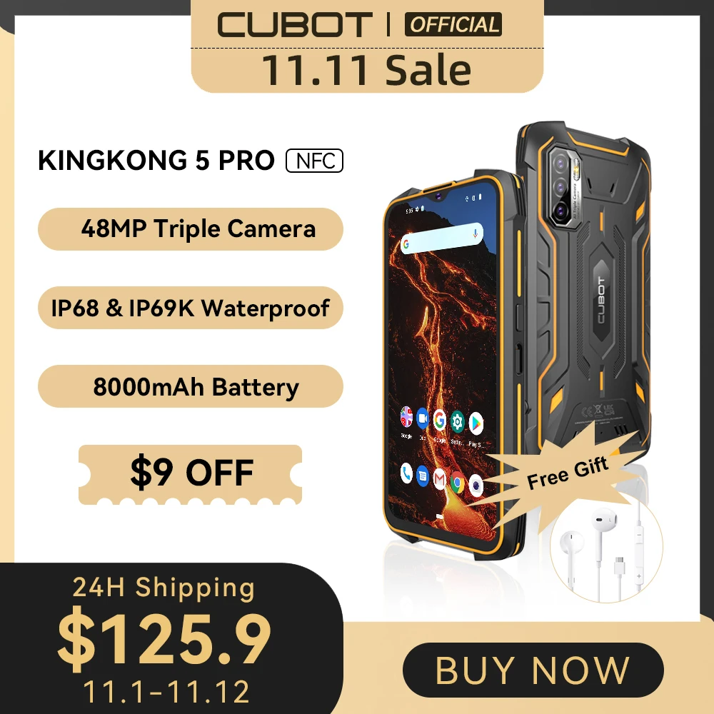 Cena Cubot KingKong 5 Pro Android11 Smartphone Wytrzymały Smartfon 2021 Wodoodporny IP68/IP69K/MIL-STD-810 Duża Bateria 8000mAh 4+64GB Rozszerzona 48MP Potrójny Aparat Globalny 4G LTE Dual SIM NFC GPS GLONASS Beidou