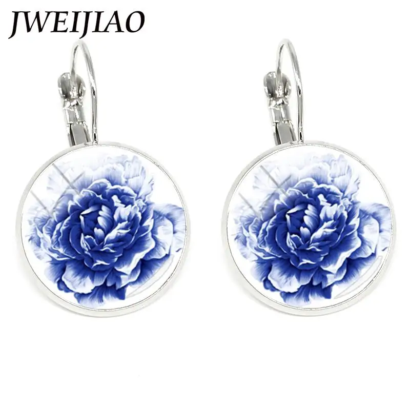 Новинка, Классические китайские серьги-клипсы с изображением цветка, голубого и белого цветов, стеклянный купол, изысканные женские украшения для свадьбы QQ01