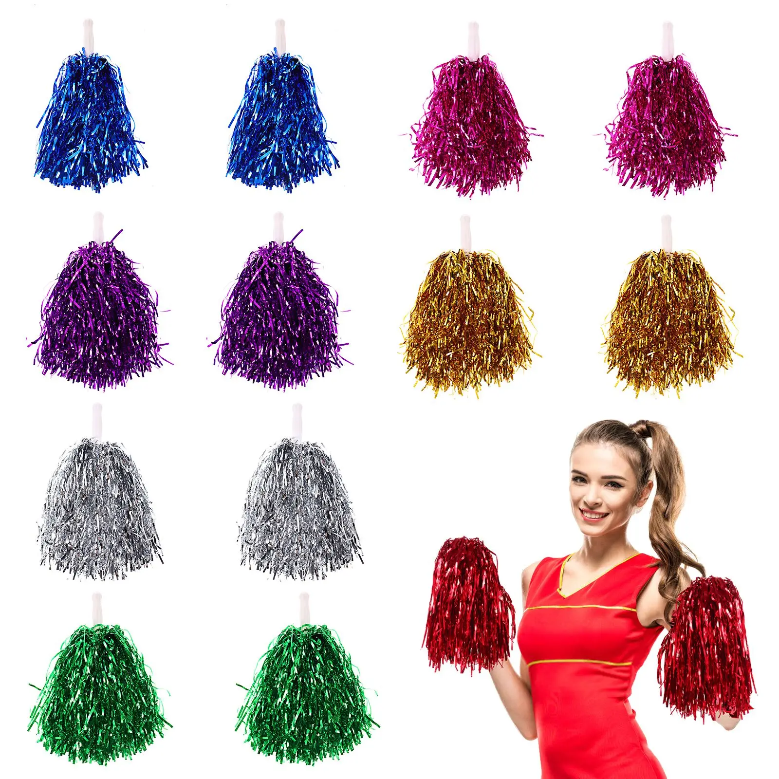 

NUOBESTY 14pcs Cheerleader Pom Poms Cheerleading Hand Flowers Metallic Foil Poms for Sports Events Team Players Parties