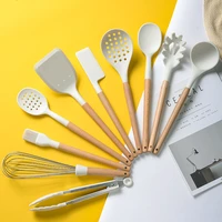milk white wooden handle silicone kitchenware set non stick silicone spatula cooking utensils set spatula colander spoon set