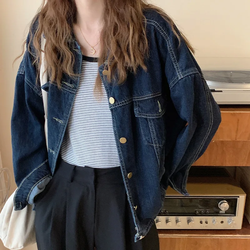 

Женская джинсовая куртка с длинным рукавом, осенняя джинсовая куртка с карманами, на пуговицах, джинсовая куртка в стиле бойфренд, стиль Хар...