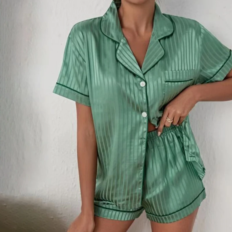 

Пижамный комплект, женская шелковая атласная пижама в полоску, топ с коротким рукавом и шорты, комплект одежды для сна, новинка 2023, удобное нижнее белье